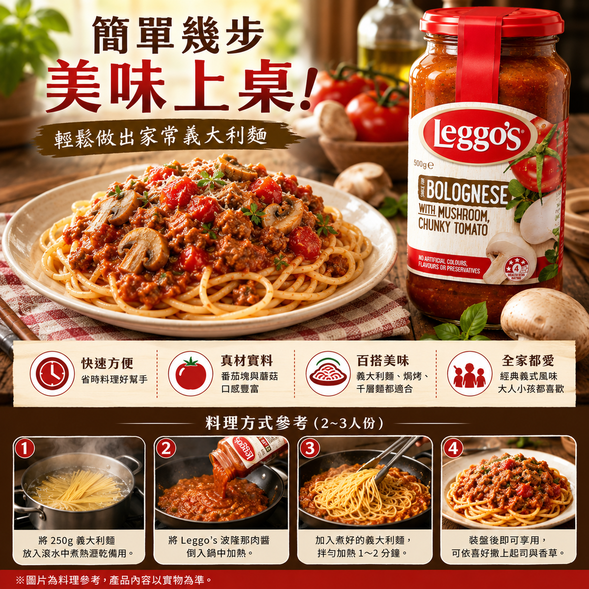 Leggo's 樂高思蘑菇番茄義麵醬料理方式參考